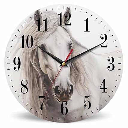 Mxocom White Horse Portrait Wall Clock Classical Oil Horse with Smooth Skin and Fur 10 Inch Silent
