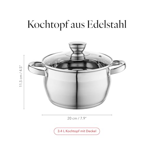 Florina Oliver 20 cm 3,4 L Edelstahltopf mit Glasdeckel | Für Induktion, Gas, Elektro, Ceran | Messskala innen | Spülmaschinengeeignet | Hitzebeständiger Deckel | Langlebig & robust 3