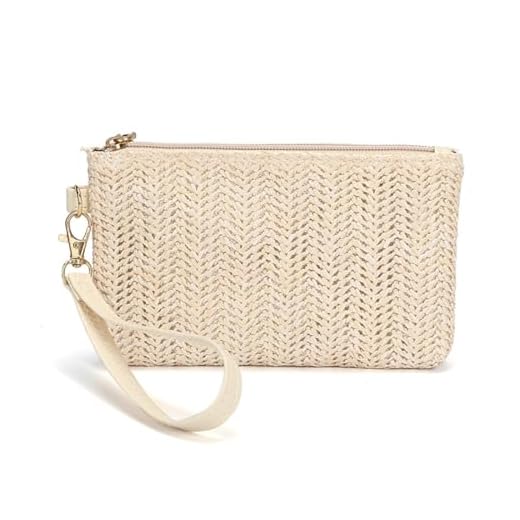 WeddHuis Pochette en paille tissée pour femme, pochette plage, sac à main en paille tissée avec fermeture éclair, pochette sac a main femme, sac à main en osier bohème, sac paille femme, sac femme ete