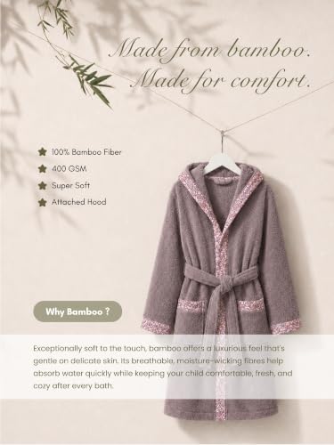Image of RANGOLI Premium 100% Bamboo Kids Bathrobe, 460 GSM | Ultra Soft Hooded Bathrobe for Boys & Girls with 2 Pockets & Adjustable Belt | Age 7-8 Years | Ash Brown