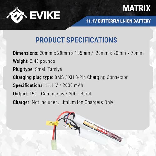 Evike Airsoft - Matrix High Performance 11.1V Butterfly Type Airsoft Li-Ion Battery (Model: 2000mAh - 15C / Small Tam)