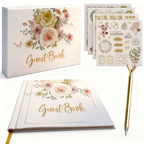 Gohgoh Wedding Guest Book with 2 Diamond Pens & Photo Stickers - 10x7 Inch Milk White Guestbook Sign in Book for Wedding Reception, 100 Thick Pages for Polaroid Photos and Wishes