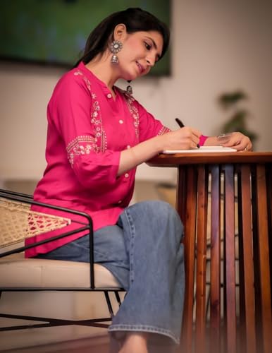 Image of Women's Viscose Rayon Embroidered A-Line Short Kurti Above Knee Regular Fit Tunic Top Office Wear Casual short kurti for women | office wear top | A-line kurti | raksha bandhan gift dress for women