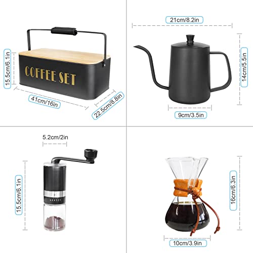 Sotech Pour Over Coffee Maker Set Includs 20Oz Black Gooseneck Kettle; Manual Coffee Mill Grinder; Glass Coffee Chemex (Metal Coffee Box Gift Set) #TOP6