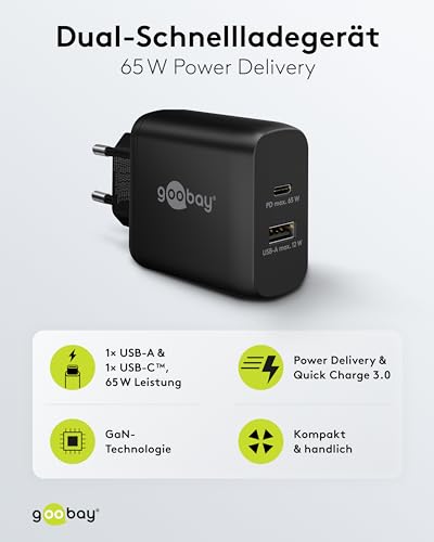 Goobay 65409 Dual Charger 65W / USB-C & USB-A Caricatore Rapido Power Delivery/Alimentatore Di Ricarica Con 2 Porte Usb/Caricatore Per Cellulare, Ipad, Tablet, Ecc. - 2