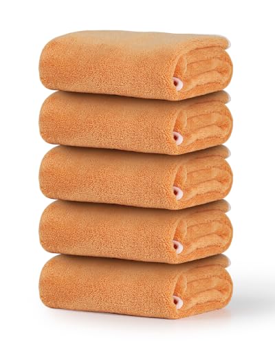 Adwize Microfiber Hand Towels, 14" x30", Set of 5, Highly Absorbent Towels, with Hanging Loop, Fluffy, Orange