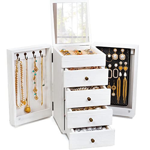 Meangood Jewelry Box Wood for Wowen, 5-Layer Large Organizer Box with Mirror & 4 Drawers for Rings, Earrings, Necklaces, White by Meangood - Used condition - CA$35.35