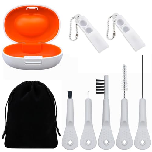 9 Pieces Hearing Aid Case Portable Storage Box with Cleaning Brush Kit Tools and Hearing Aid Battery Case (White)