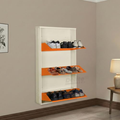 Image of DELITE KOM 24 Inch Wide, 3 Shelf Metal Shoe Rack Wall Mounted for Home with Central Lock Holds Upto 9 Shoes or 15 Slippers Pair | 1 Year Warranty | (41 x 24 x 5 Inch, Ivory Orange) DIY Space Saving