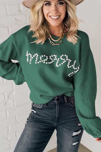 Women's Blackish Green Pearl Beaded Merry Christmas Casual Sweater4