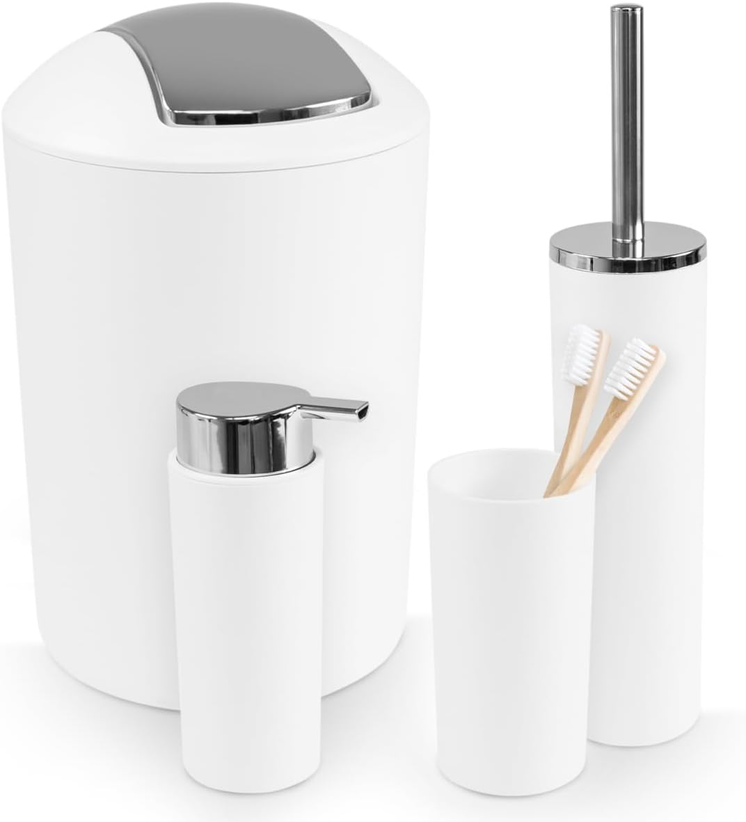 WENKO White Bathroom Accessories, 4 Piece Set, Toothbrush Cup, Trash Can, Soap Dispenser, Toilet Brush Holder, Bathroom Sets Complete, Matt, Plastic/Stainless Steel