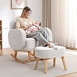 HCHAIRH Rocking Chair Nursery with Ottoman, Upholstered Glider Rocker with High Backrest and Side Pocket, Rocking Accent Armchair with Solid Wood Legs for Nursery/Living Room/Bedroom White