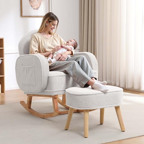 Image of HCHAIRH Rocking Chair Nursery with Ottoman, Upholstered Glider Rocker with High Backrest and Side Pocket, Rocking Accent Armchair with Solid Wood Legs for Nursery/Living Room/Bedroom White