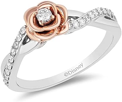 Enchanting Disney Fine Jewelry Sterling Silver and 10K Rose Gold 1/5 Cttw Diamond Belle Rose Ring, Metal, White Diamond,Ring size 6