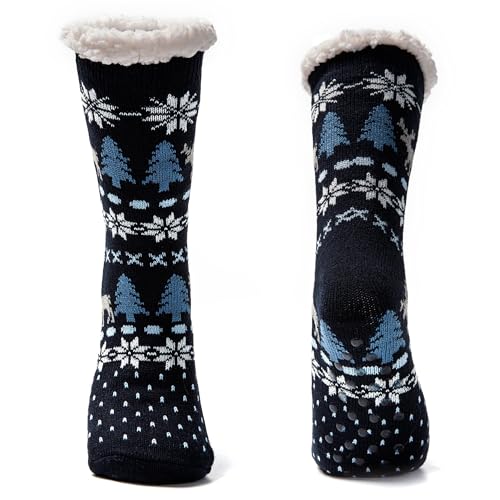 JOMIX Calze Antiscivolo Uomo Felpate Lunghe Imbottite Calzettoni Natalizi Invernali Calzini Termici Pile Calde Calze Termiche Uomo da Casa X010 (Blu Navy, 39-46)