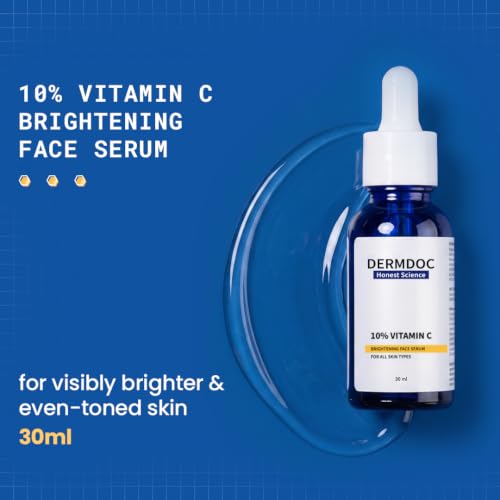 Image of DERMDOC 10% Vitamin C Brightening Face Serum - 30ml | With 0.4% Glutathione Complex Arbutin & Peptides | Reduces Dark Spot & Pigmentation | For Brighter, Even-Toned Skin | Hydrating Face Serum | All Skin Types