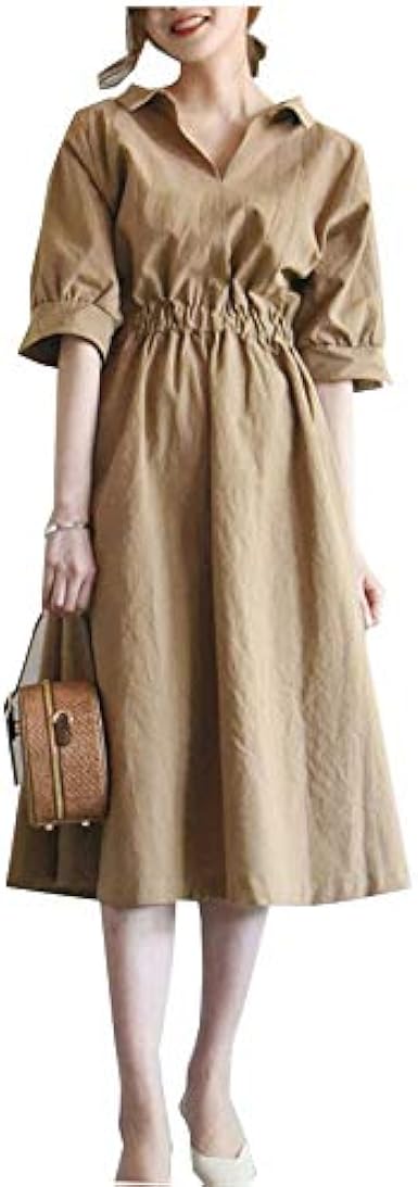 Amazon Co Jp ワンピース レディース 春 夏 春夏 関東出荷 コットン オフィス Aライン 大人 可愛い 人気 上品 Ol 通勤 ロング ワンピース 長袖 二次会 女子会 シャツワンピース S 9037 ブラウン ファッション