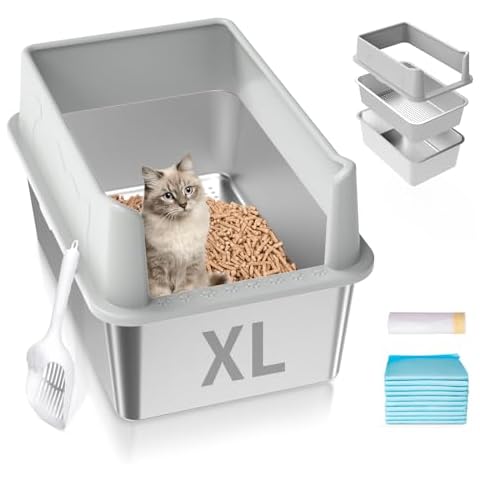 Stainless Steel Cat Litter Box with Lid, XL High Sided Metal Sifting Litter Box for Pine Pellets, Enclosed Litter Box for Big Cats, Anti-Leakage, Easy Clean, Include Scoop, Liner, Pee Pad and Hook Cover