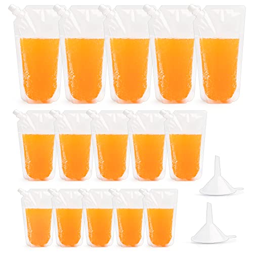 Drink Pouches for Festivals 15pcs,Drinks Pouches Refillable with 2pcs Funnel,200ml,350ml,500ml Clear Beverage Bags,Reusable Plastic Liquor Pouches Leak Proof Hip Flask for Parties,Picnic,Travel,Sports