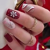 24 Pcs Christmas Press on Nails Medium Square With Sled Stripe Snowflake Designs - Red Matte Acrylic Fake Nails for Xmas Winter - Reusable for Women