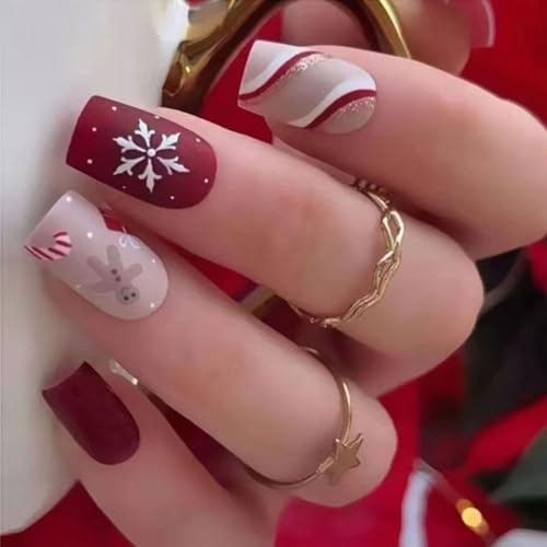 24 Pcs Christmas Press on Nails Medium Square With Sled Stripe Snowflake Designs - Red Matte Acrylic Fake Nails for Xmas Winter - Reusable for Women