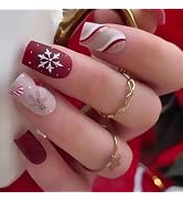 24 Pcs Christmas Press on Nails Medium Square Fake Nails Red Nails Press Ons with Sled Stripe Sno...