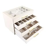 LDHHYH Schmuckkästchen, Schmuckkasten mit 4 Ebenen, Weiß Schmuckaufbewahrung, 4 Schubladen und transparentes Acrylfenster Schmuck Organizer, Schmuckdose für Ringe Ohrringe Armbänder Halsketten, Grau