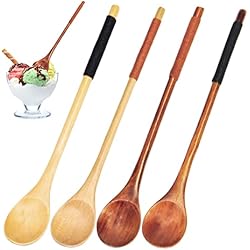 Pez Cucharilla Cuchara de madera natural, cuchara de café multifuncional de mango largo 4pcs, para accesorios de cocina de cuchara de mezcla de sopa de miel de té
