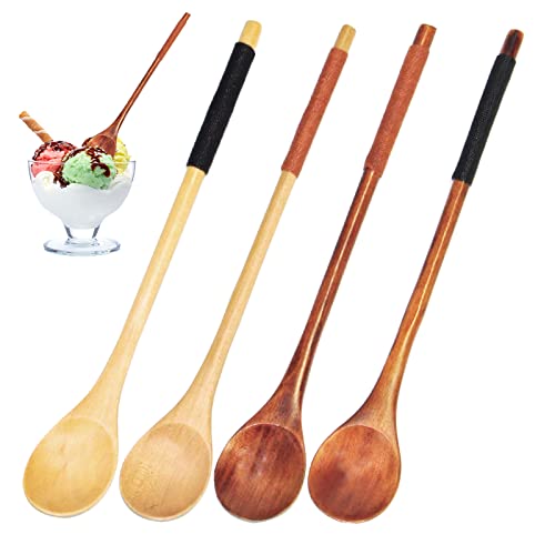 Cuillère en bois naturel, cuillère à café multifonctionnelle à manche long pour thé cuillère à soupe au miel accessoires de cuisine (4)