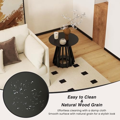 Image of HNY Modern Round Fluted End Table, Black Wood Pedestal Side Table, Drum Accent Bedside Drink Tables for Living Room Small Space Couch