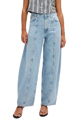 CHARTOU Women Baggy Horseshoe Ankle Jeans Patchwork Y2k High Waisted Wide Leg Denim Pants with Pockets