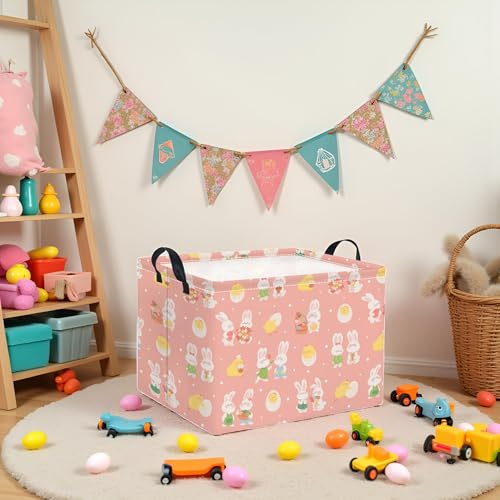 Image of Rectangular Easter Basket for Home Kitchen Baby Girls Basket Cute Storage Bin Organizer Shelf Book Room Decor(Pink Cute Bunny)