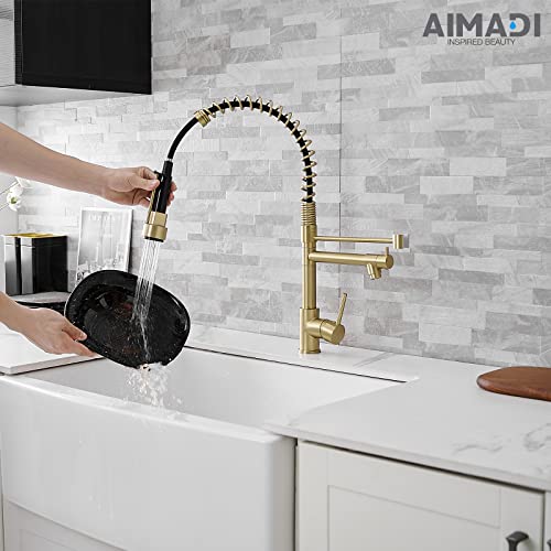 Image of Brushed Gold Kitchen Faucet with Pull Down Sprayer, AIMADI Commercial Gold Kitchen Sink Faucet Single Handle Spring Two Nozzles Faucets
