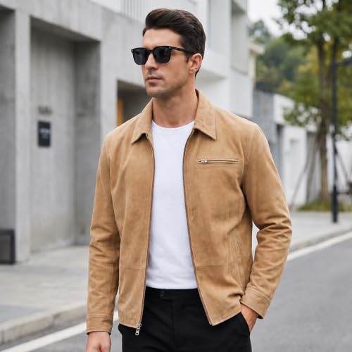 Image of Men's Suede Shirt Zipper Jacket Full Zip Casual Vintage Jackets Suede Leather Jackets for Mens