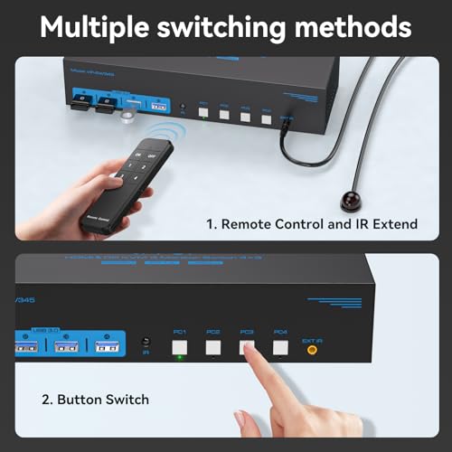 8K HDMI + 2 Displayport KVM Switch 3 Monitors 4 Computers 4K144Hz USB 3.0 KVM Switches Triple Monitor for 4 Computer Share 3 Monitor and 4 USB 3.0 Ports Support Extended/Copy Mode