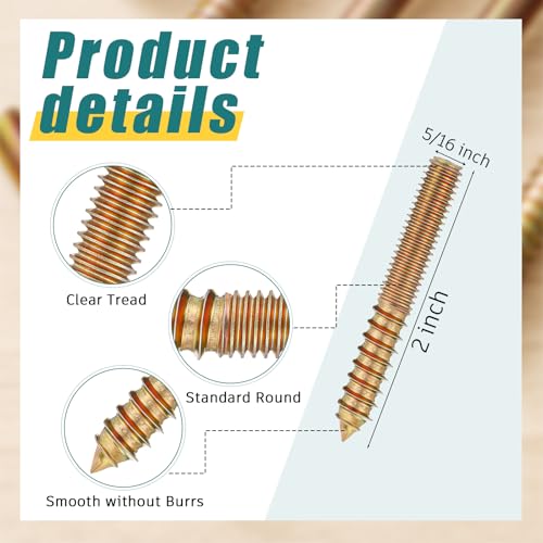 Image of Hicarer 50 Pack 5 /16-18 x 2 Inch Hanger Bolts Double Headed Bolts with Driver Self Tapping Screw Threaded Rod Screws for Furniture Double Headed for Wood Furniture Joint