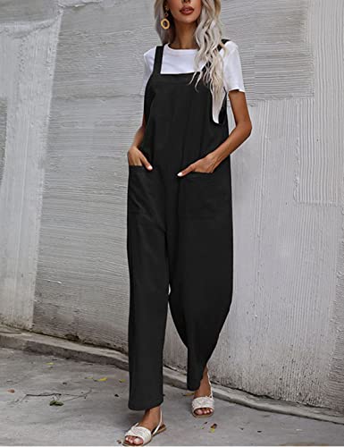Apafes Women's Fashion Cotton Linen Green Bib Overalls Loose Fit Dual Pocket Jumpsuit Romper(0262-Black-L-Ng) #TOP5