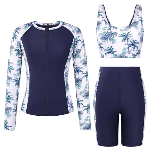 Image of JACK SMITH Women's 3 Piece Long Sleeve Rash Guard Swimsuits Zip Front Bathing Suit Tankini Swimsuits UPF 50