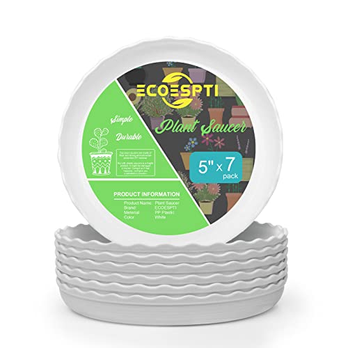 ECOESPTI Plant Saucer, 7 Pack 5 Inch Durable Plastic Plant Tray, White Round Plant Pot Saucers, Drip Tray for Indoor and Outdoor Garden