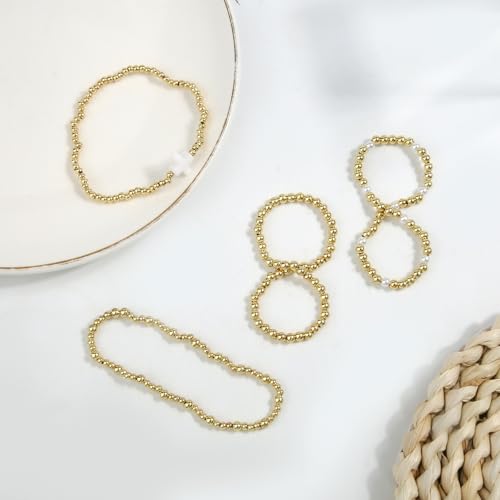 4pcs Gold Bead Stack Bracelets Set for Women, Non-Tarnish Gold Beaded Elastic Cross Pearl Bracelets Stackable Hand Chain Trendy Jewelry Gifts3