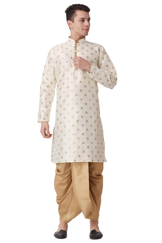 Men's Jacquard Silk Printed Gold Kurta Bronze Dhoti Set-image-25