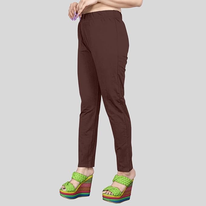 Image of Women's Solid Cotton Lycra Pants-High Waist Slim Fit Stretchable Leggings - Comfortable Long Trousers for Casual, Office & Everyday Wear