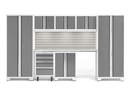 &lrm;&lrm;&lrm;&lrm;NewAge Products Garage Cabinet Bold Series 8 PC Set White (2X 30 Locker, Rolling Tool Drawer, 2-Door Base, 3 Wall Cabinet, 72" Stainless Steel Worktop, Slatwall Backsplash, LED Lights), 54938