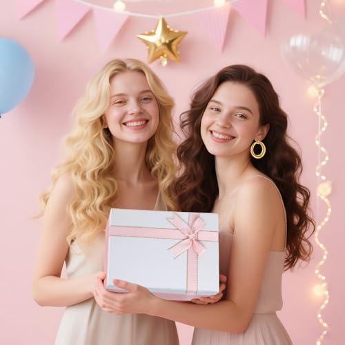 Geschenkbox mit Deckel, 25x18x8,5cm Geschenkkarton, Geschenkverpackung mit Schleife, Geschenkbox Geburtstag Set mit Raffia, Grußkarten, Licht, Geschenkschachtel für Hochzeit Valentinstag (Rosa)