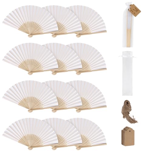 SWAWIS 28 Piezas Abanicos de Tela Blanco, Abanico Plegable con 30 Bolsas de Organza y Tarjetas de Agradecimiento, Ventiladores de Bambú para Bodas Bautizos Decoraciones Fiestas DIY