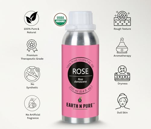 Image of Earth N Pure Rose Essential Oil for Skin & Aromatherapy - 100% Pure Premium Rose Oil for Face Glow & Hydration (Gulab Oil) - Natural Essential Oil for Diffuser - 250ml