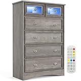 LGHM Modern 6 Drawer Dresser with LED Lights, Dressers for Bedroom, 44.33' Tall Chest of Drawers Closet Organizers & Storage Clothes - Easy Pull Handle, Textured Borders Living Room, Hallway, Gray