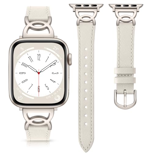 DaQin Slim Leather Band Compatible with Apple Watch Band for Women 40mm 38mm 41mm 42mm, Dressy Leather Strap with Designer DC-shaped Buckle for iWatch Bands Series 11 10 9 8 7 6 5 4 3 2 1 SE,Starlight