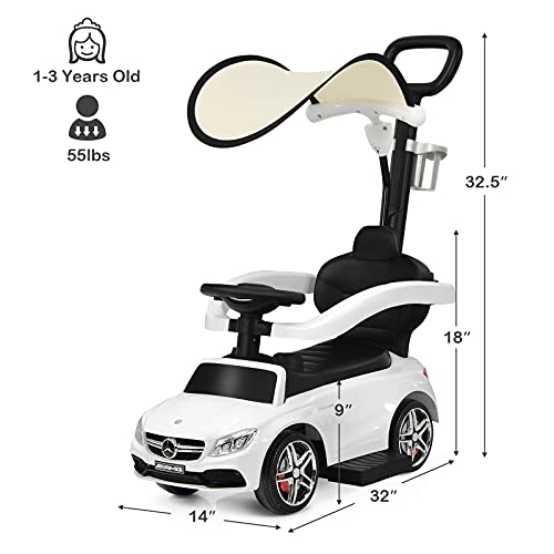 Costzon Push Car For Toddlers, 3 In 1 Mercedes Benz Stroller Sliding Walking Car W/Canopy, Handle, Safety Bar, Cup Holder, Music, Underneath Storage, Foot-To-Floor Ride On Toy For Boys & Girls, White #TOP6