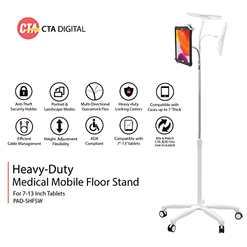 Medical Mobile Stand – CTA Medical Mobile Floor Stand for iPad 7/8/9 Gen 10.2”, 12.9” iPad Pro, 11” iPad Pro, iPad mini, iPad Air 4, Surface Pro X, and Other 7-13" Tablet - White by CTA Digital - Image 3